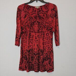 B. FRIENDS Red, Smocked Bodice, Fit & Flare Tunic Top; 3/4 Sleeves; Size M